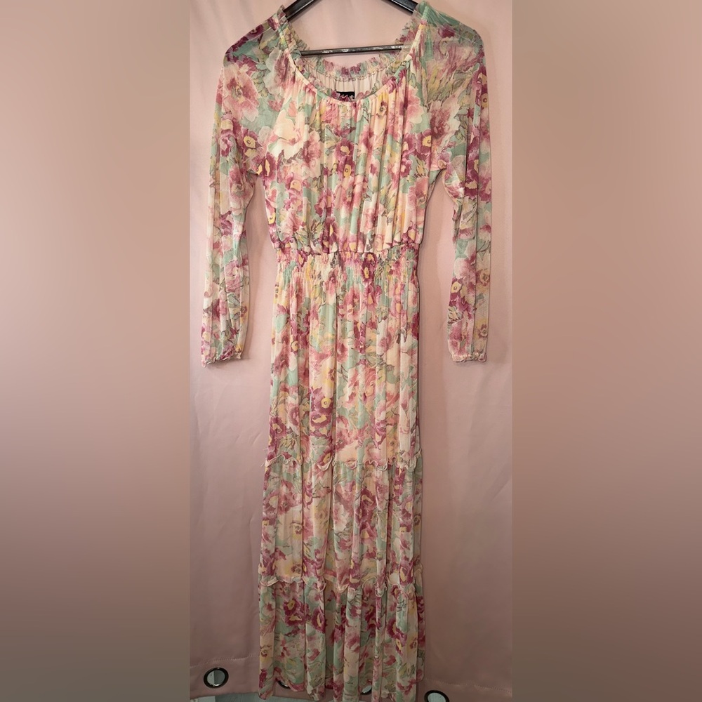 Floral Long Sleeve Maxi Dress in Pink & Mint